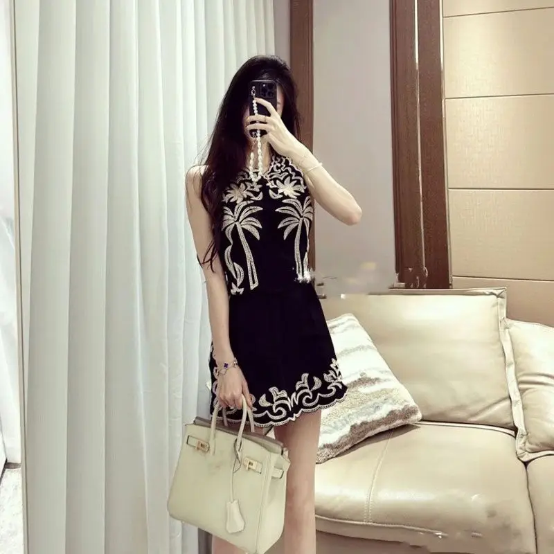 Miiiix High End Fashion Black Retro Heavy Industry Hollow Lace Embroidery Dress Hepburn Style Short Dresses Female Clothing