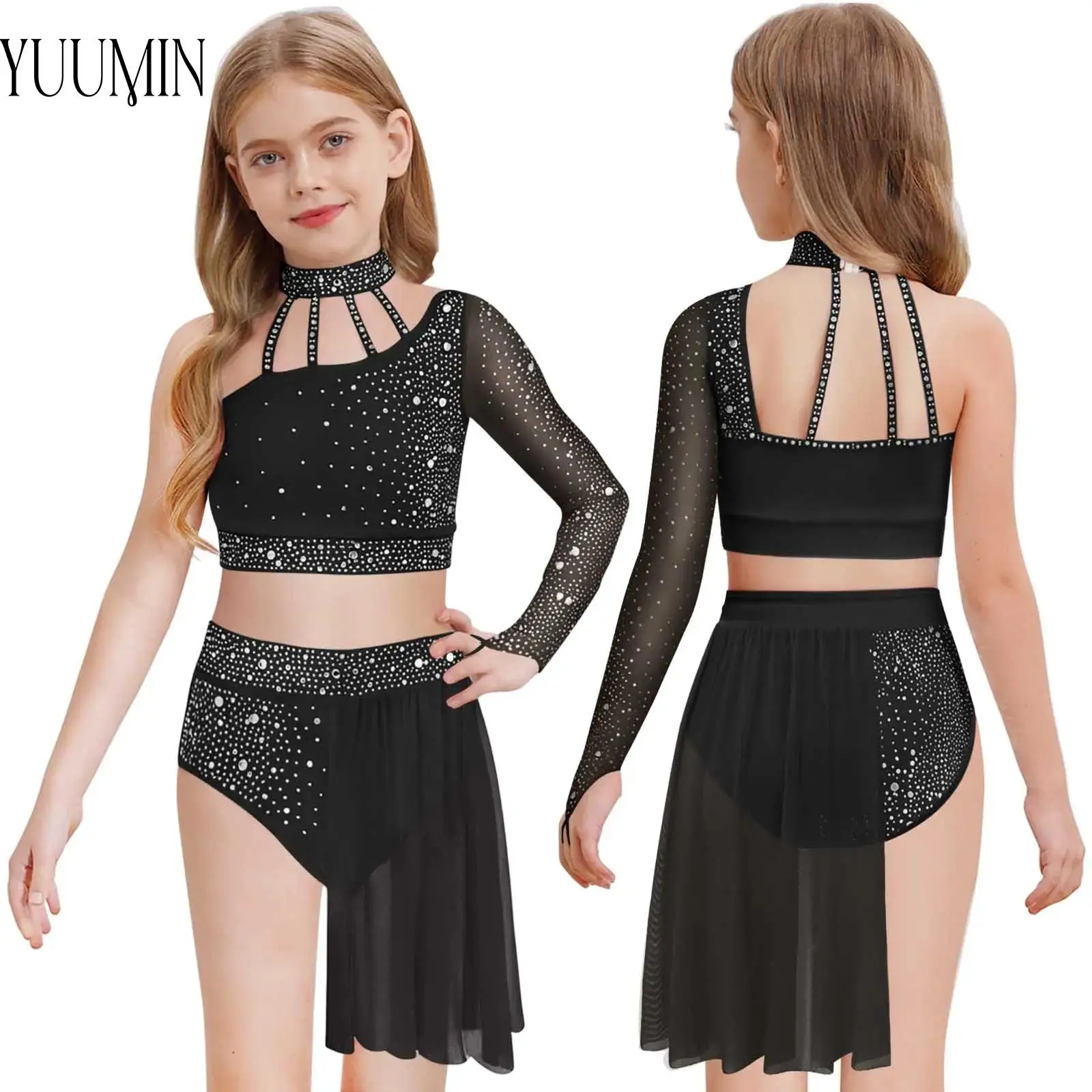 

Girls Ballet Lyrical Modern Dance Outfit One Shoulder Rhinestone Mesh Crop Top with Skirt for Figure Skating Performance Party