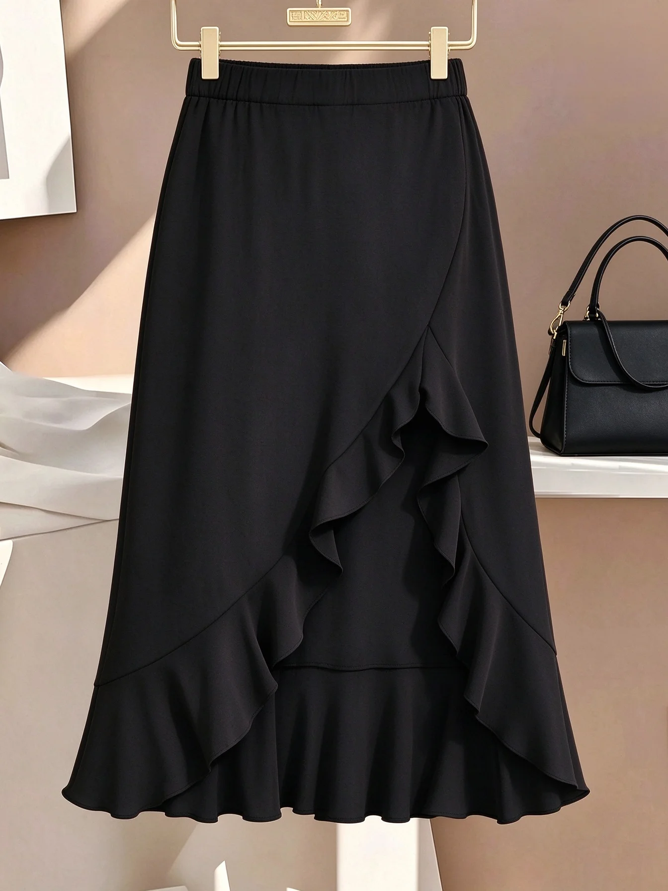 Elegant Plus Size Asymmetrical Ruffle Hem Split Midi Skirt Women High Elastic Waist For Daily Office Casual Party