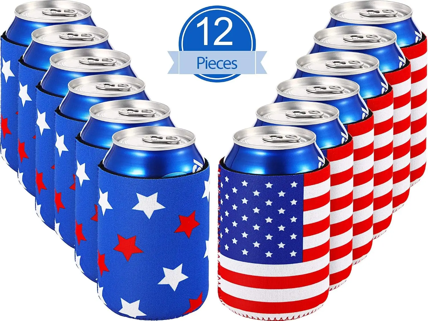 Boao 12 Fundas Enfriadoras para Latas del 4 de Julio, Diseño de Bandera Patriótica del 250 Aniversario, Accesorios para Botellas de Cerveza y Bebidas, Fundas para Latas con Estrellas Rojas y Azules, Bandera de EE. UU., para el Día de los Caídos, Decoraciones de Independencia, Artículos para Fiestas