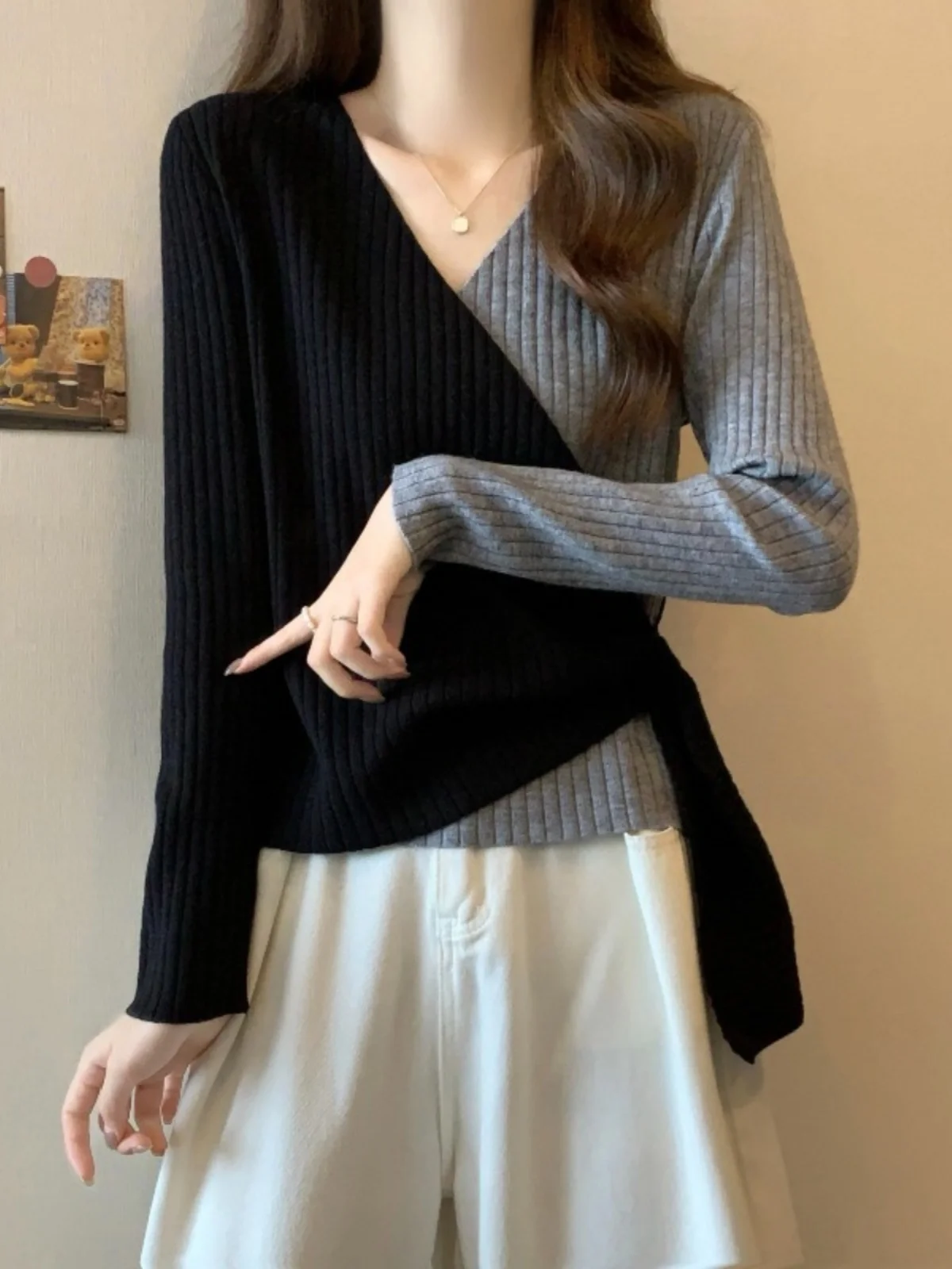 

Женская трикотажная основа размера плюс V-Ne, ранняя осень, внутренняя одежда для похудения, модный асимметричный топ