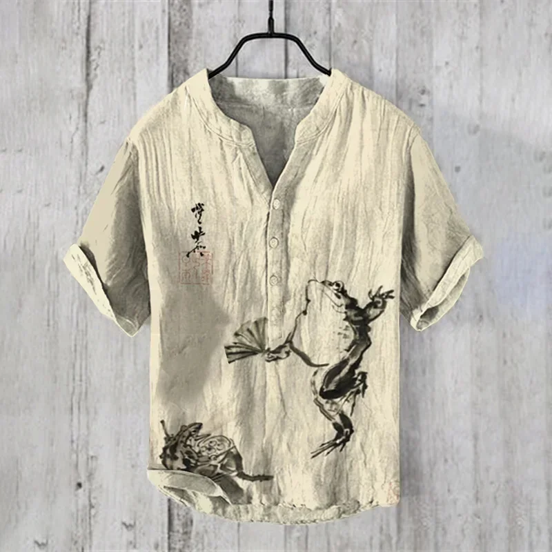 

2024 Summer New 3D Digital Heat Transfer Bamboo and Hemp 3-Button Large Standing Neck Short Sleeve Shirt Large T-shirt Shirt