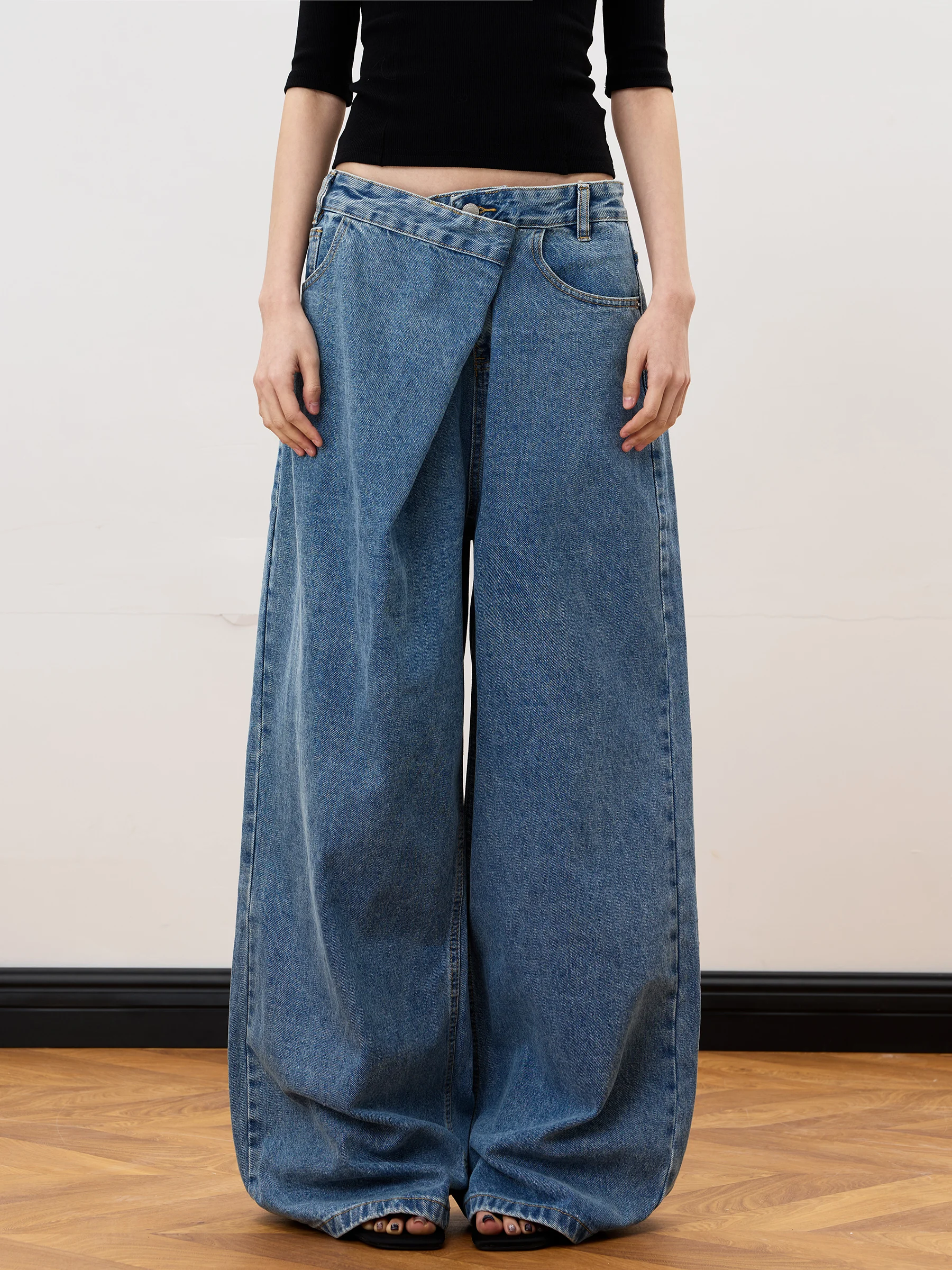 

JUNECUT Casual Wide Leg Jeans Female Premium Design Sense Washed Straight Cut Floor-Length Pants All Seasons Natural Waist