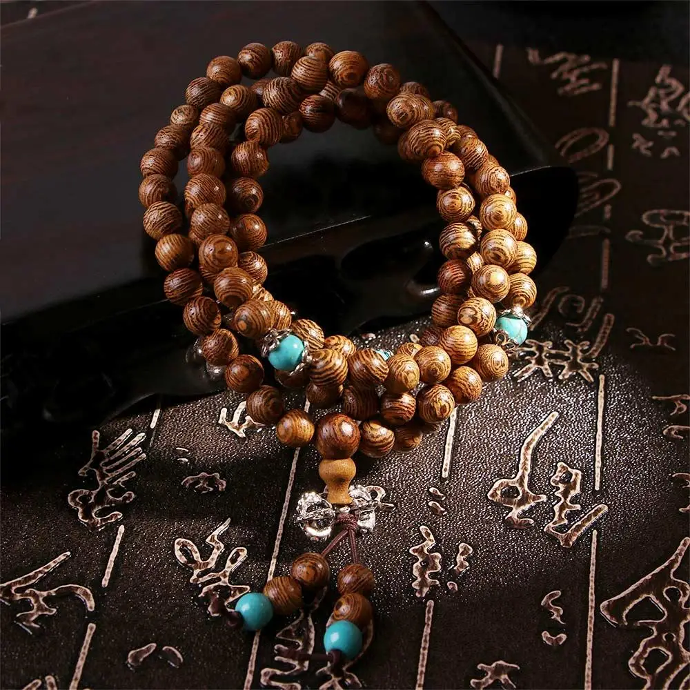 Meditation Wood 108 Rosary Tibetan Beads Turquoise Bracelet Buddhist Wenge - Image 5