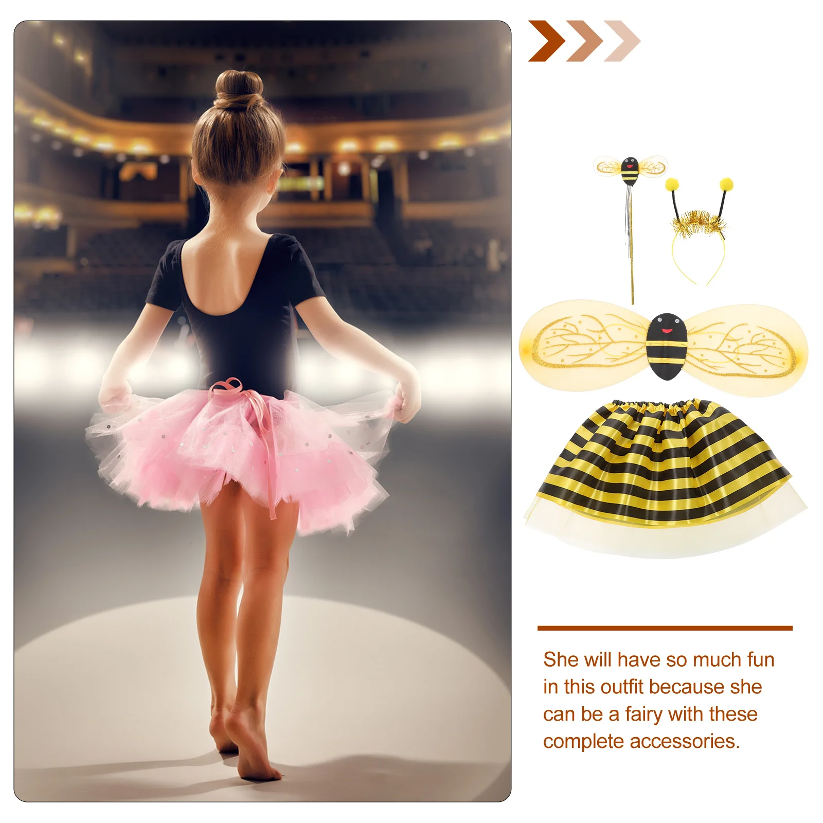 4点セット 子供用ミツバチコスチューム 衣装 黄色と黒の羽根 ヘッドバンド ドレス ワンド プレイパーティー ドレスアップに最適 子供用ミツバチコスチューム