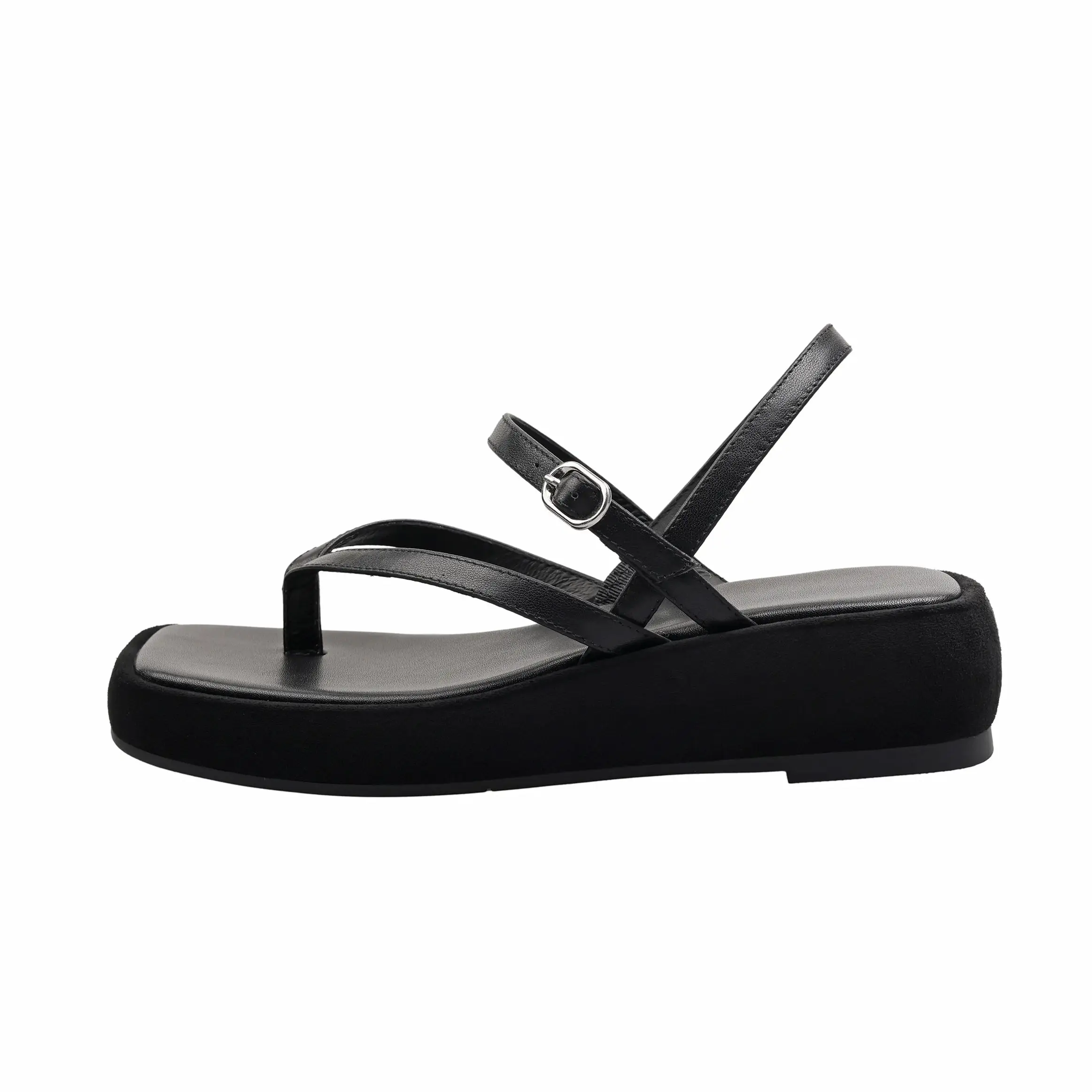 

Arden Furtado 2025 Summer cowhide platform Belt buckle Wedges Sandals Square Toe Open Toe Middle heel word-cingulate Sandals