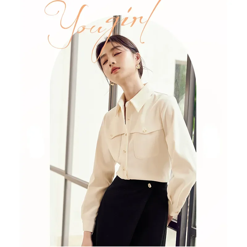 

Women's Spring Autumn Long Sleeve Blouse Point Collar Chest Pocket Button Down Office Work Shirt