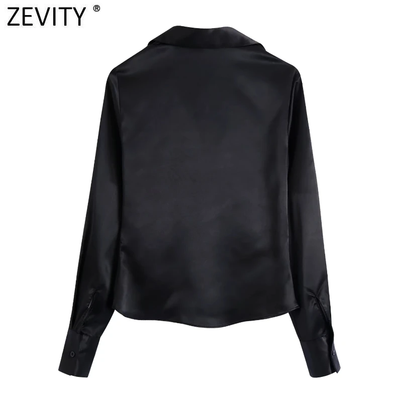 Zevity Women Elegant Pleated Design Black Satin Slim Blouse Office Ladies Single Breasted Shirts Chic Chemise Blusas Tops LS9724