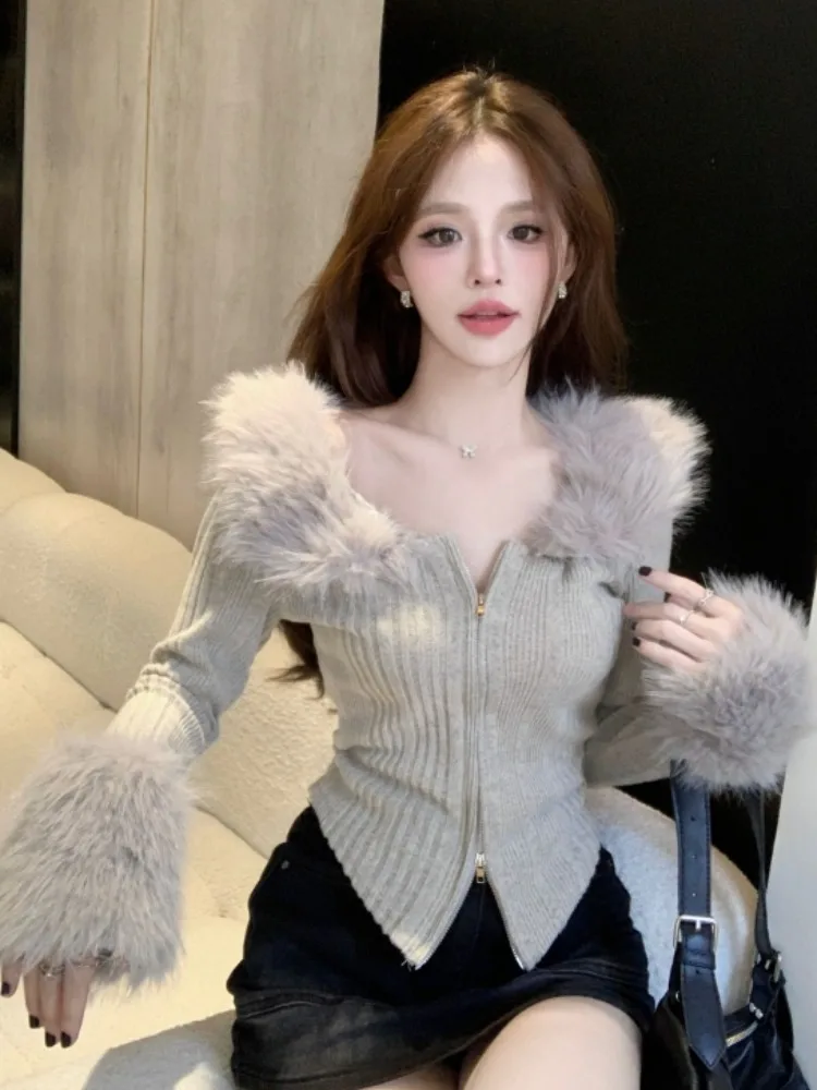 

Spicy Girl Pure Desire Knitted Base Shirt Women's Autumn Winter New Style High-End Feeling Furry Collar Sweater Coat Girl