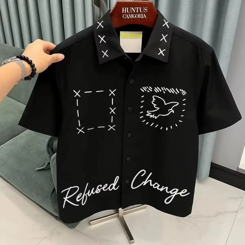 

2026 Summer Men's Graphic Short Sleeve Shirt Black Streetwear Button Down with Dove Print, Casual Loose Fit Lapel Top Breathable
