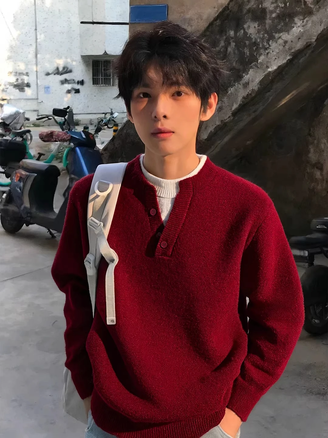 

American Sle Red Knitted Henry Collar Sweater Men's Winter Youth Sensation New Year's Clothing Knitted Base irt