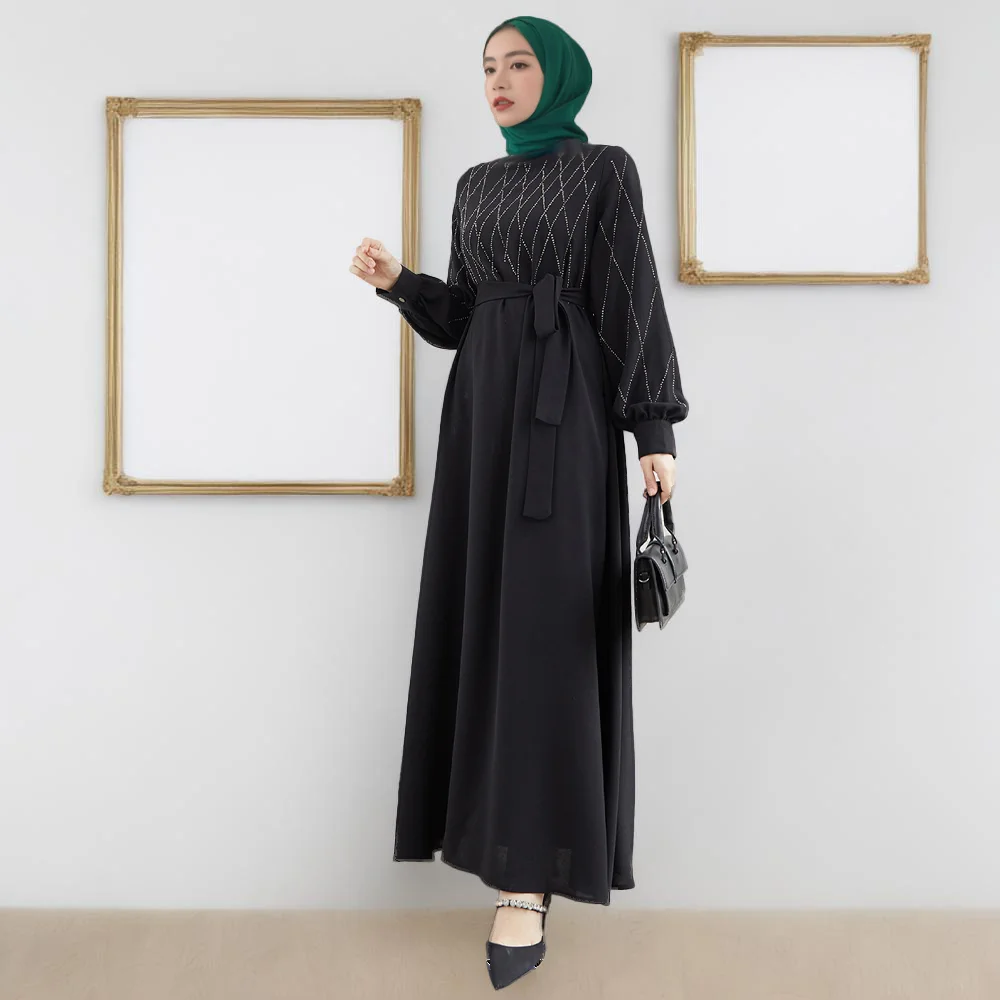 RIMAIRE 2024 New Fashionable Muslim Abaya with Diamonds Decoration Comfortable and Loose Islam Robe Modest Polyester Dresses