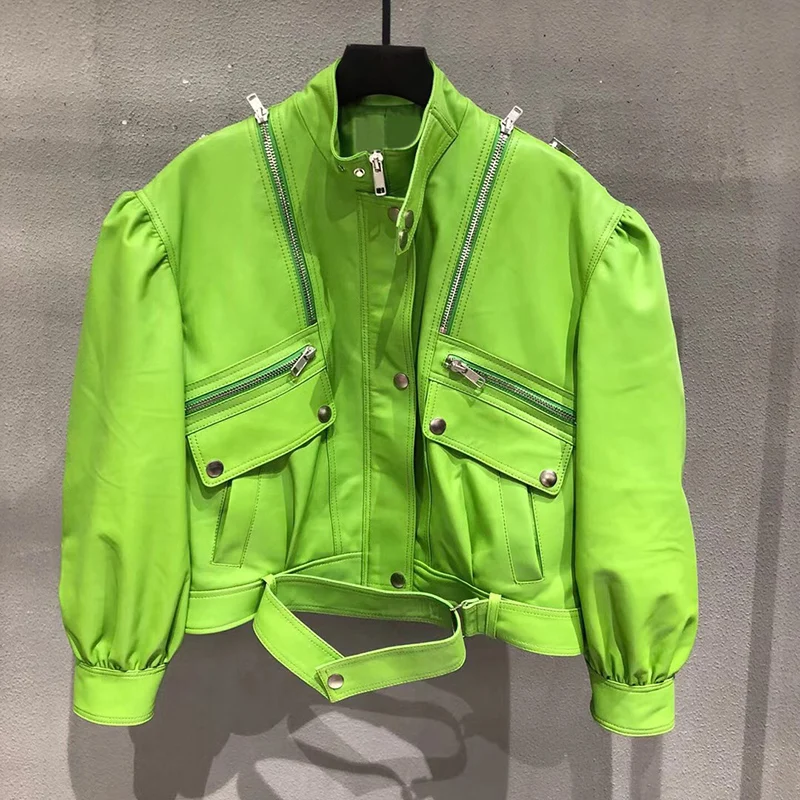 Abrigo de piel de cordero auténtica para mujer, chaqueta de cuero blanco, verde y negro para primavera