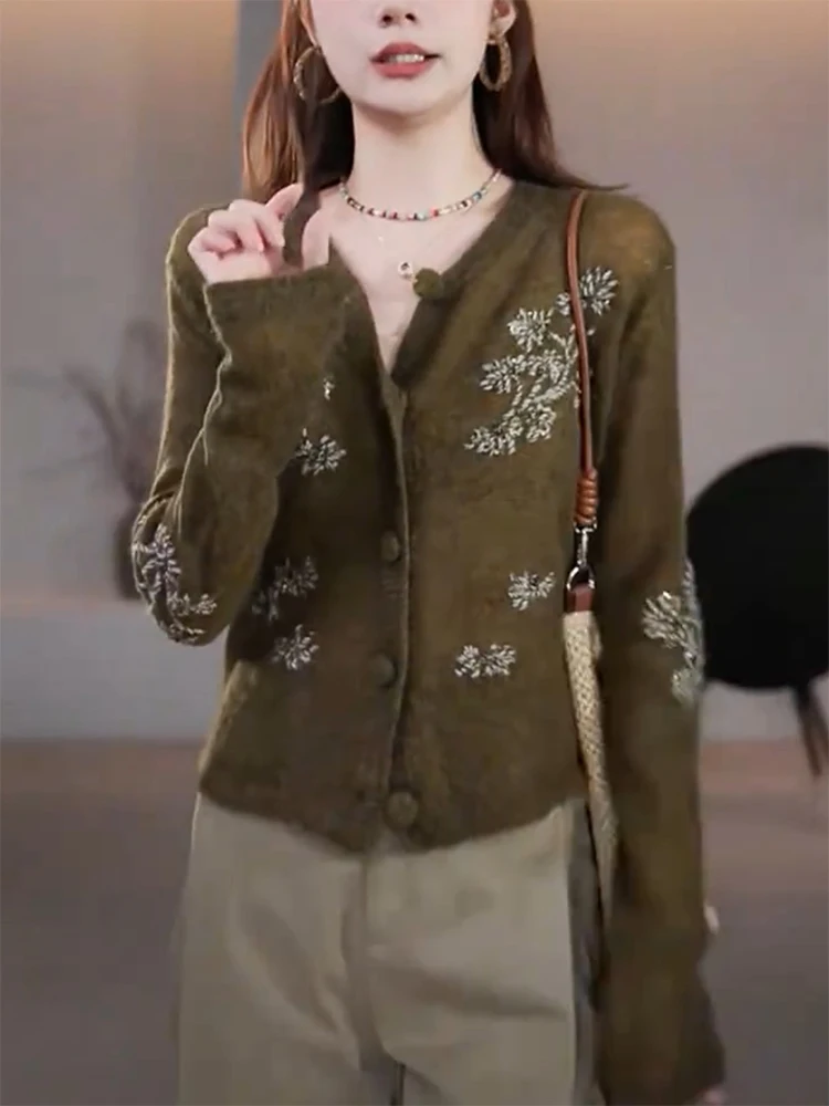 

Корейский винтажный нежный возрастной женский вязаный длинный кардиган большого размера све V-Ne с вышивкой и пайетками, модный открытый кардиган