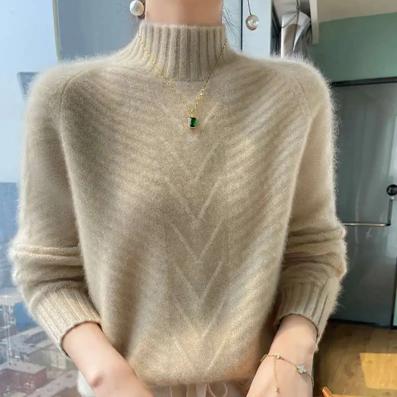 

High Quality Wool Pullover Sweater For Women Autumn Winter Fashion Half Turtleneck Knitted Jumper Lady Thicken Warm Soft Sweater