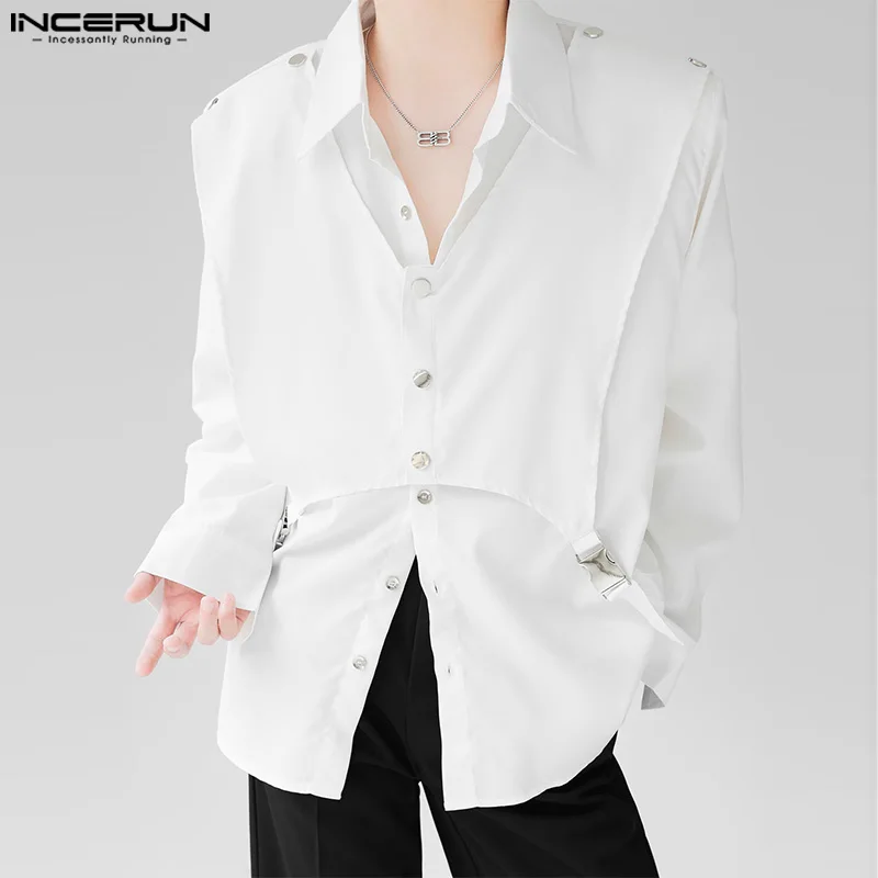 INCERUN Tops 2024 Korean Style Men Double-layer Structural Metal Design Shirts Leisure Patchwork Solid Long Sleeved Blouse S-5XL