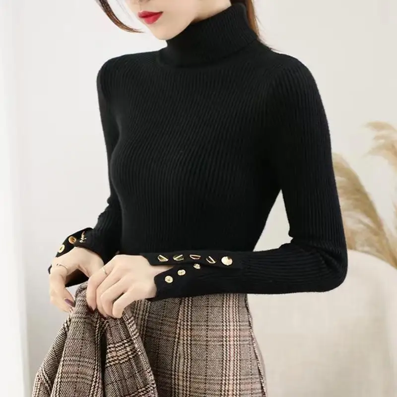 2024 Knitted Turtleneck Women Sweater Button Long Sleeve Pullovers Autumn Winter Basic Femme Sweaters Slim Solid Pull Tops