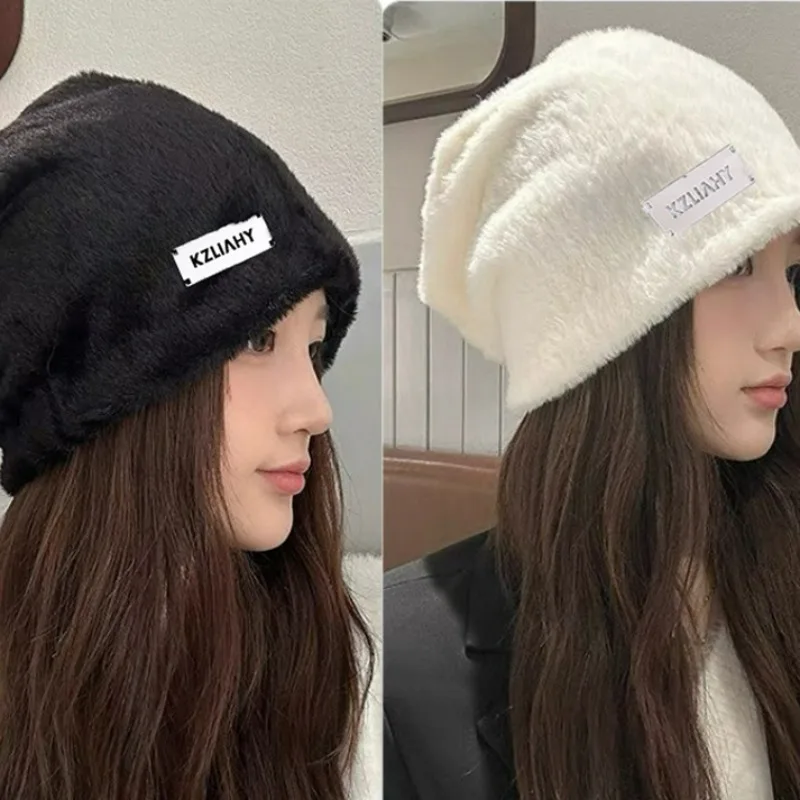 Fashion Imitation Rabbit Hair Caps Autumn Winter Warm Plush Soft Slouchy Beanie Thicken Solid Color Outdoor Hat for Women