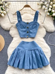 Women Blue Denim Sets Summer Sexy Single Breasted Short Strap Tops And Mini Jean Skirts Suits Ladies Clothes