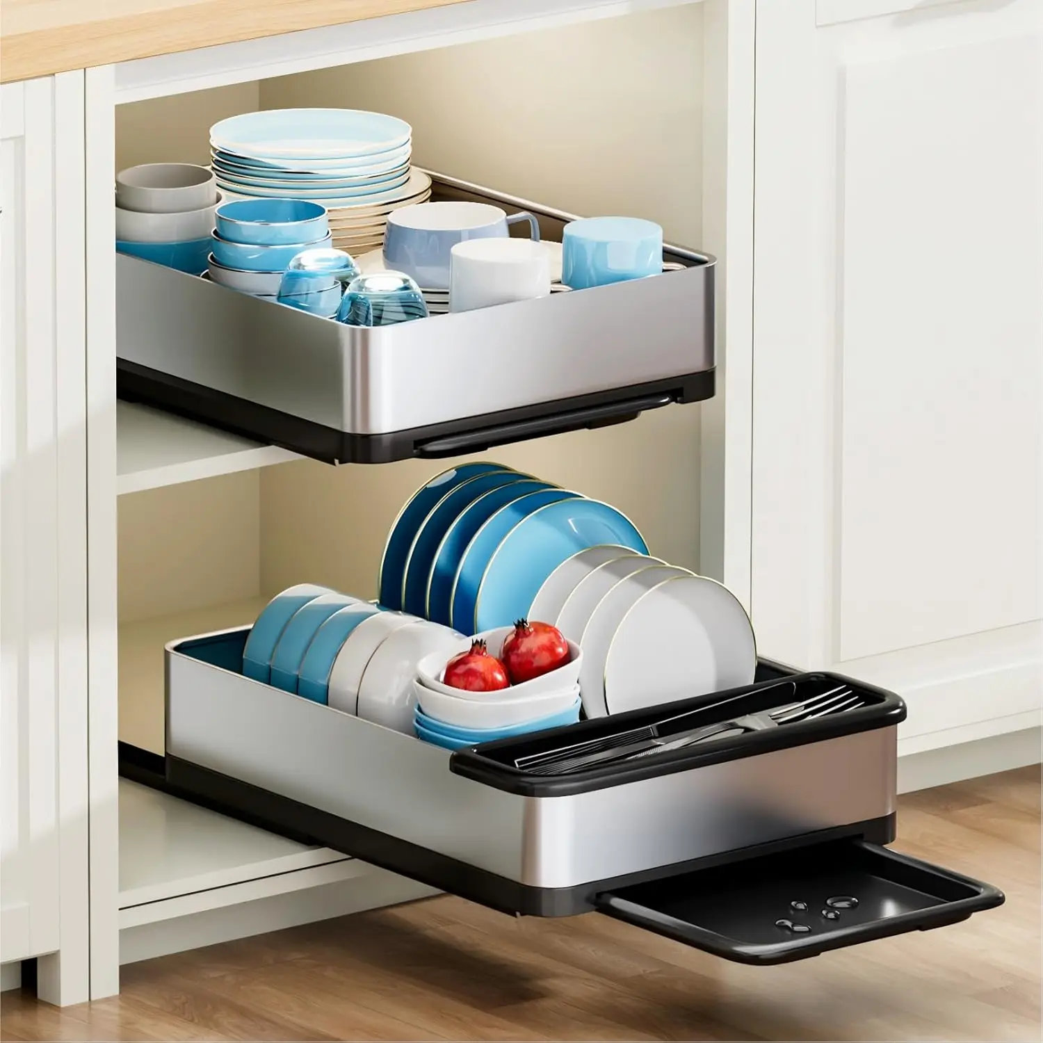 

Stainless Steel Dish Drying Rack with Drainboard, Pull Out Cabinet Organizer 12.6" Wx16.5 D, Heavy Duty Slide Out Drawers for