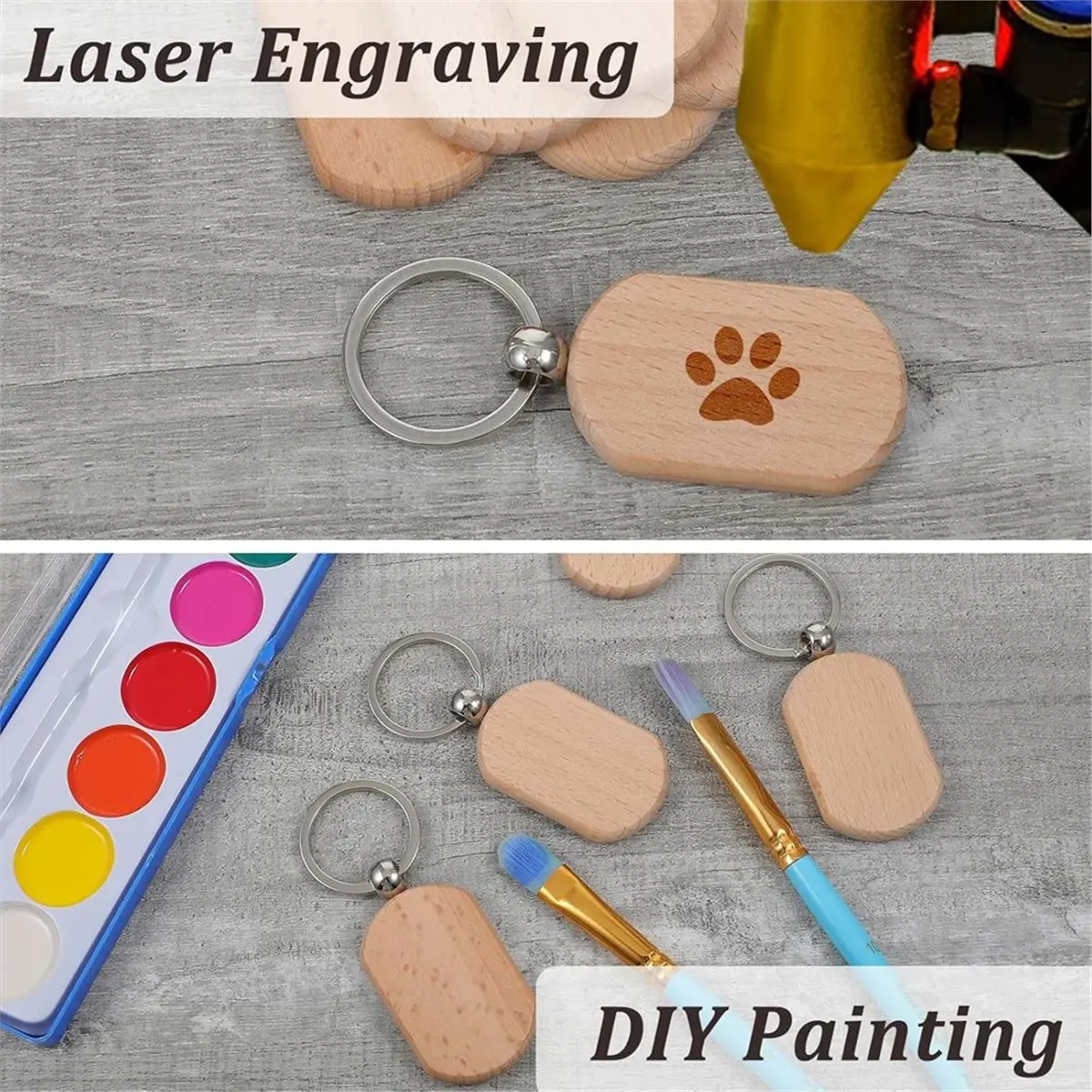 A50U 70 PCS Wooden Keychain Blanks, Wood Engraving Blanks Key Chain, Unfinished Rectangle Round Wood Key Tag