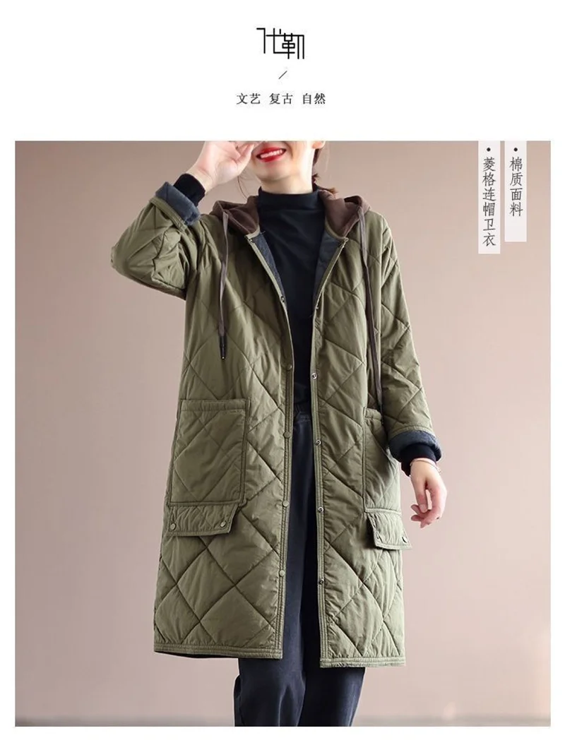 Cotton Jacket Long 2026 New Cotton Jacket Medium Long Loose mom Winter Diamond Grid Cotton Jacket Hooded Women's Coat Commuting