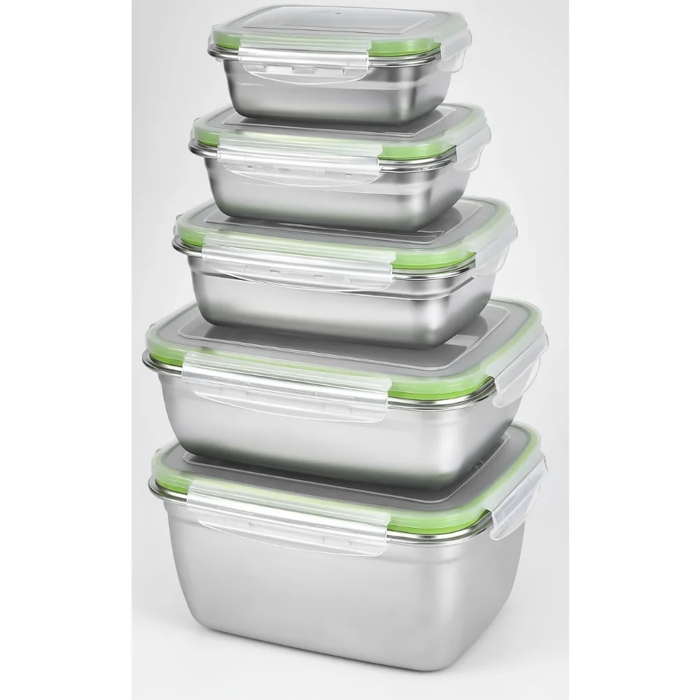 

Набор из 5 контейнеров для хранения продуктов питания из нержавеющей стали премиум-класса | Герметичный и герметичный | Можно мыть в посудомоечной машине и морозильной камере | Кухонные органайзеры