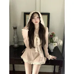 Casual Vintage Hoodie Dress Women Elegant Y2k Short Party Dress Korean Fashion Lace Long Sleeve 2000s Clothing Autumn 2024 Chic