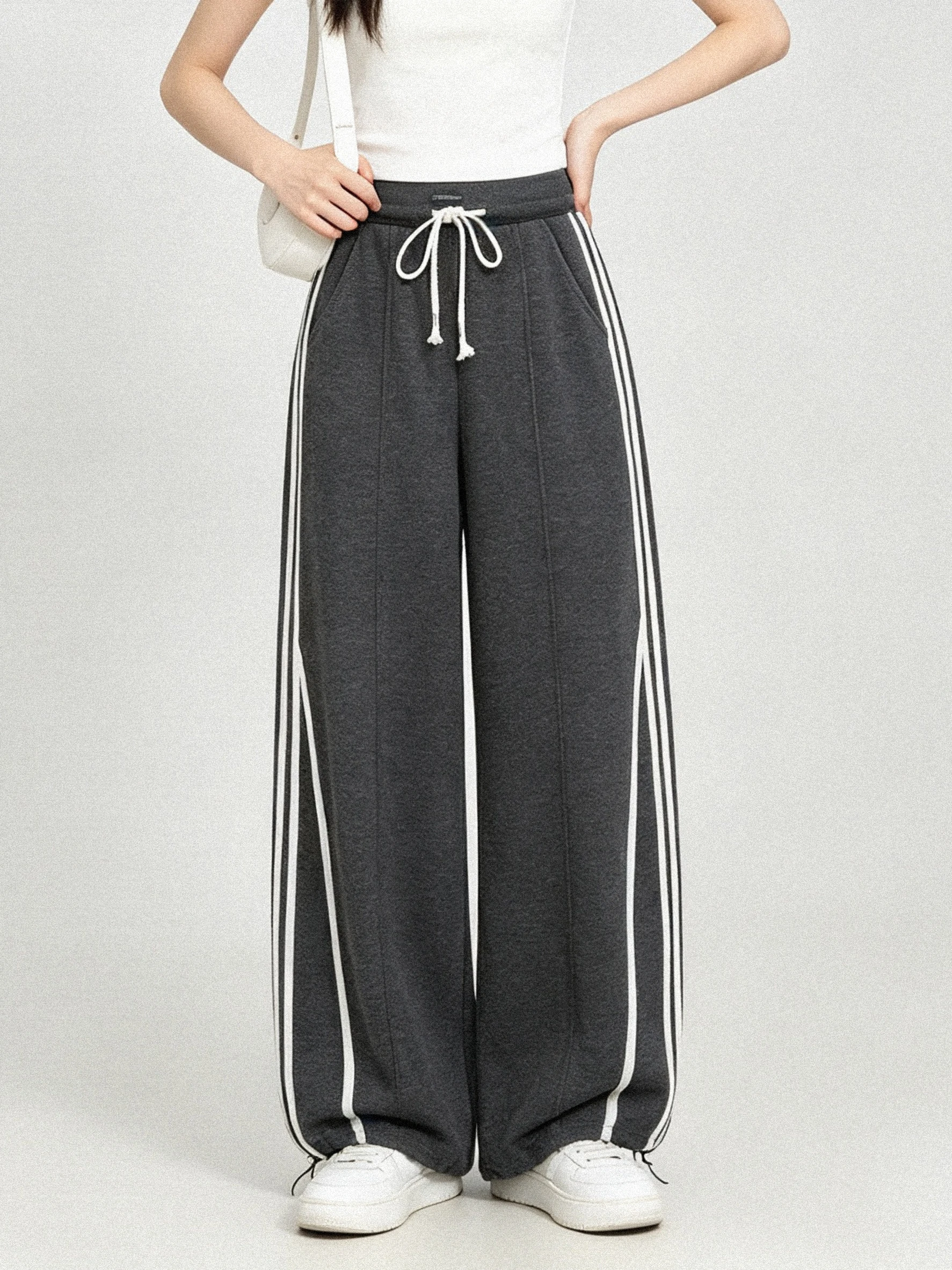 Casual Sport Pants High Waist Drawstring Side Stripe Wide Leg Slimming Academy Style Comfortable Breathable Ladies Trousers