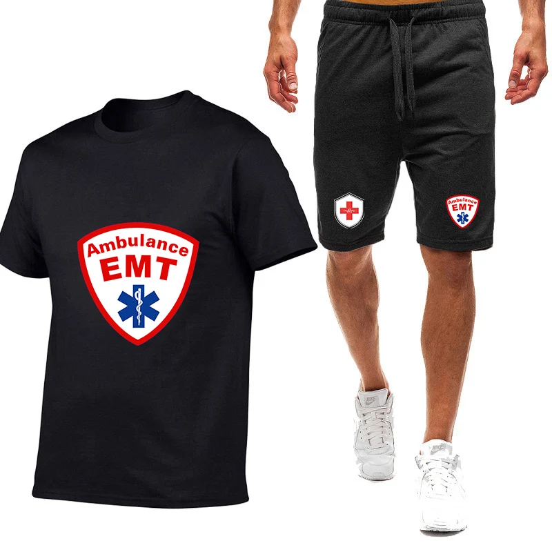 

2026 Men's Summer EMT Emergency Ambulance Logo Print Clean and Neat Solid Color Daily Simple T-shirt Beach Short Pants Suits