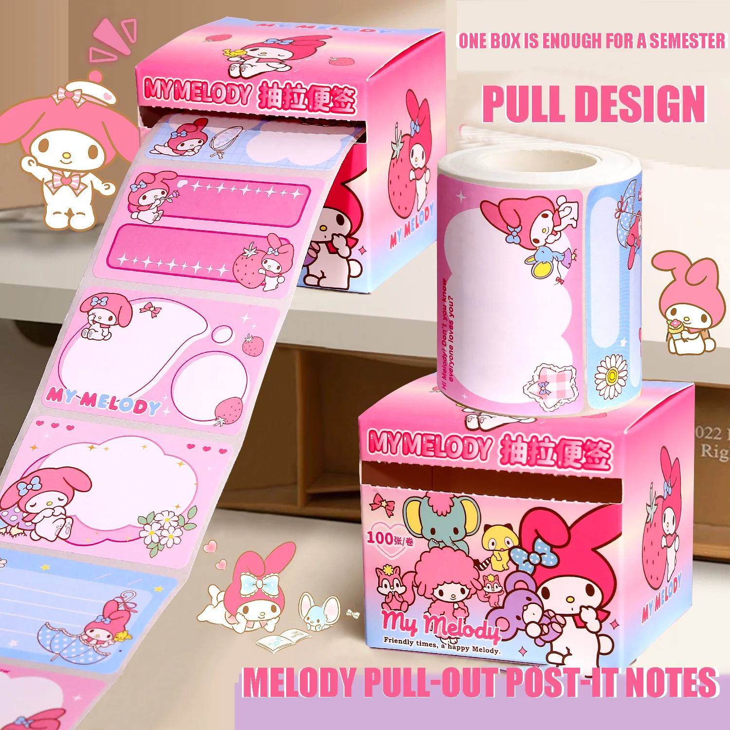 100Pcs Sanrio Series Kulomi Melody Pull-Out Sticky Notes Cute Cartoon High-Looking Handbook Stickers Full Sticky Notes Gift