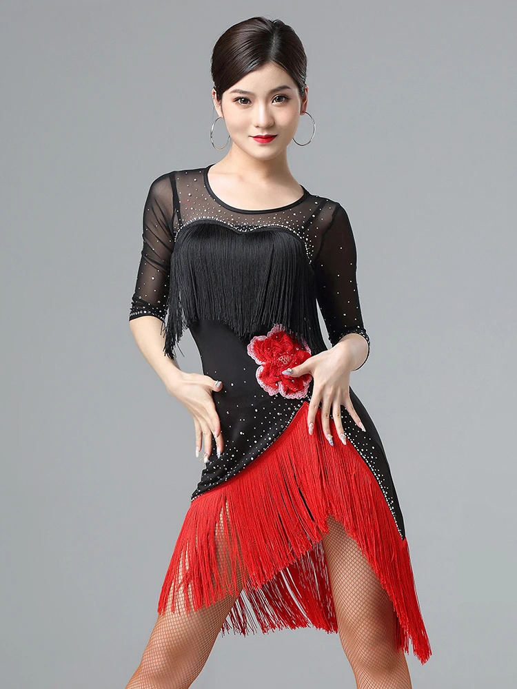 

X2175 New Latin Dance Costume Female Adult Tassel Dress Latin Dance Skirt Group Large Size Performance Costume