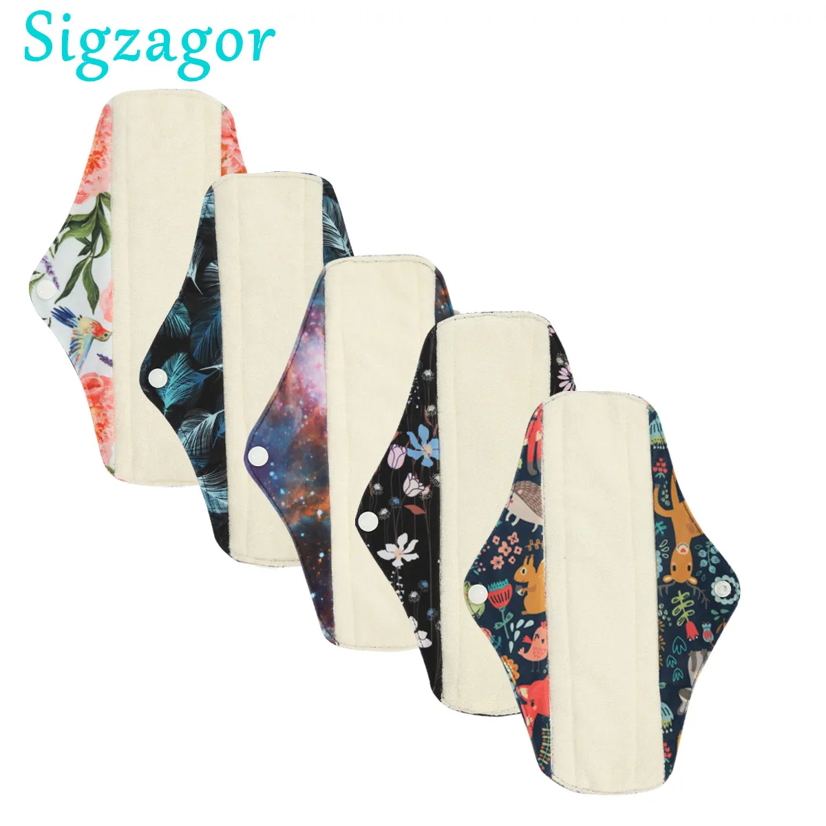 

[Sigzagor] 5 Cloth Menstrual Pads Sanitary Bamboo Medium Regular Light Flow Reusable Washable 10inches