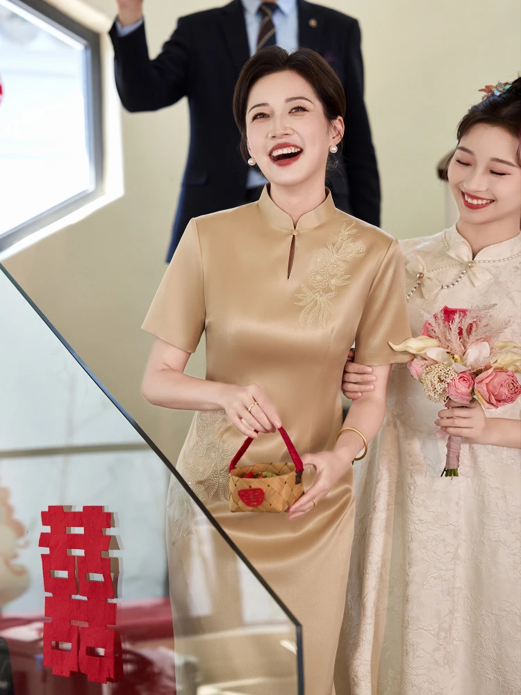 

Champagne Colored New Chinese Sle Embroidered Dr Women's Wedding Dr Mid-Length Skirt ort Sve Breathable