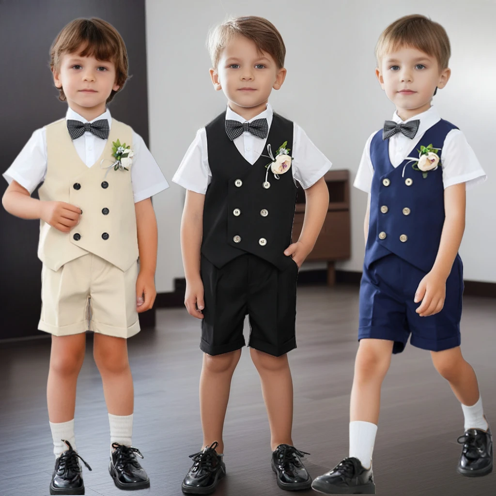 

Summer Children Clothes Set Stylish Double-Breasted Short-sleeved Shorts Vest Outfits Flower Boys Weddings Party Blazers Suit