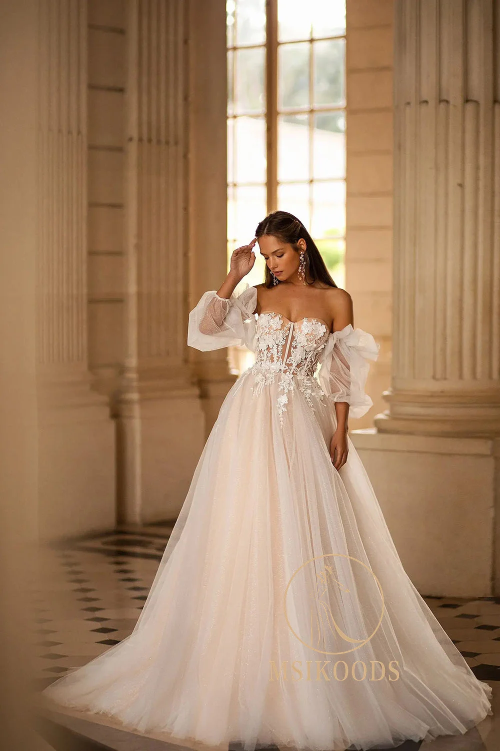 Msikoods dentelle appliques robes de mariée 2025 robe de mariée col en V paillettes Tulle robe de mariée princesse robe de mariée personnalisée