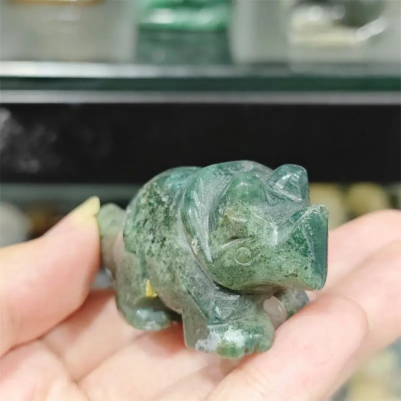 Natural Moss Agate Dinosaur Carving Polished Quartz Animal Healing Stones Gems For Home Decorations Gift 1PCS