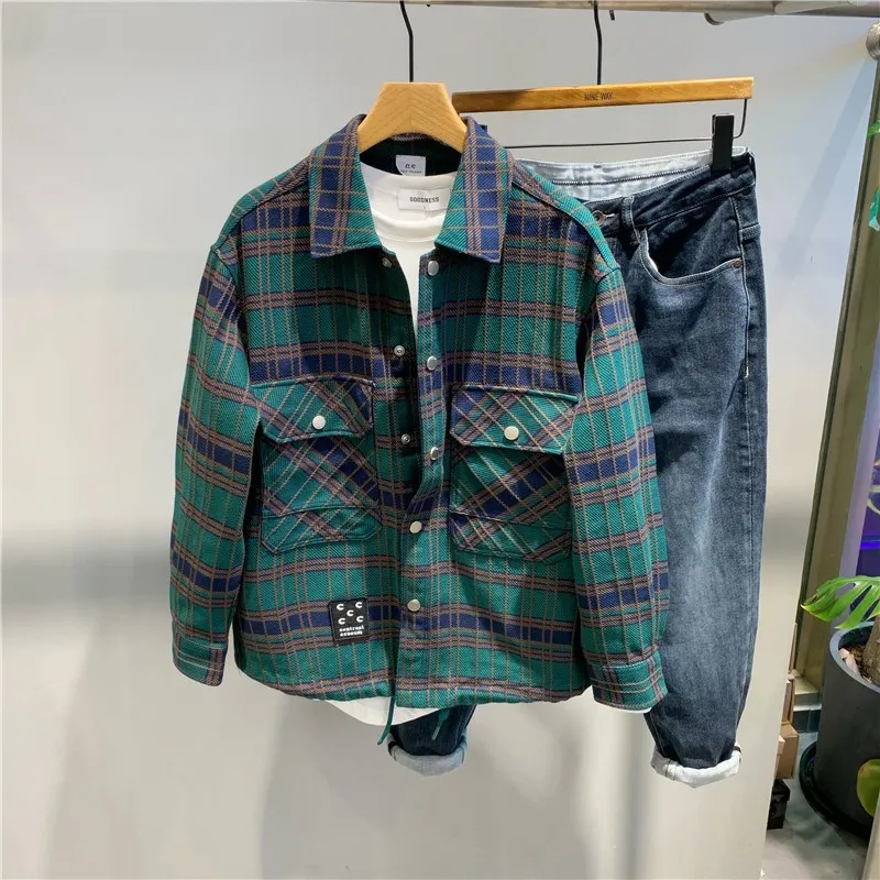 

Autumn New Sle Men's Casual Loose Long Sve Plaid Patchwork Color Blo Workwear irt American Leisure Faion Outerwear
