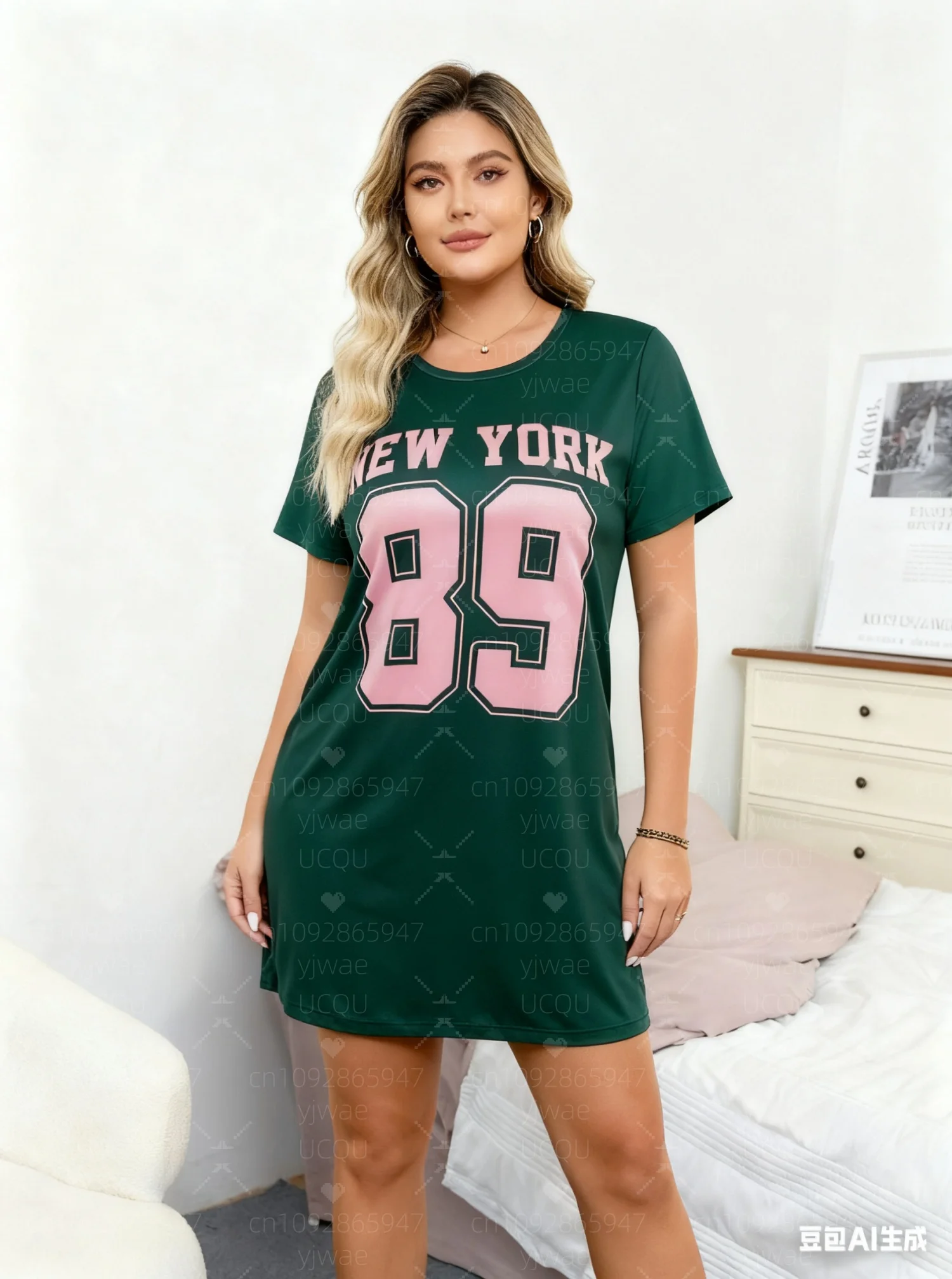 2025 Zomer Polyester Vrouwen T-Shirt Jurk Losse NEW YORK Print O-hals Dame Korte Mouw Trui Jurken Vrouwen Kleding