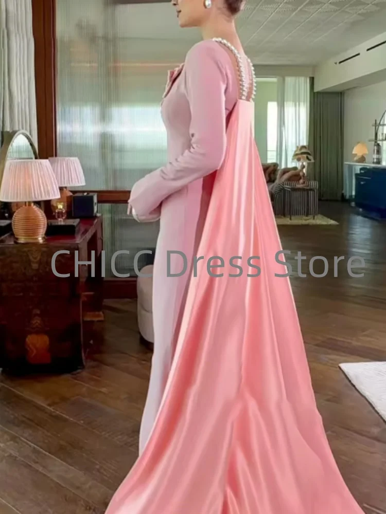 아름다운 이브닝 드레스, 케이프 롱 슬리브 스퀘어 칼라 여성용 정장 가운 핑크 3D 꽃 파티 프롬 드레스 맞춤 제작