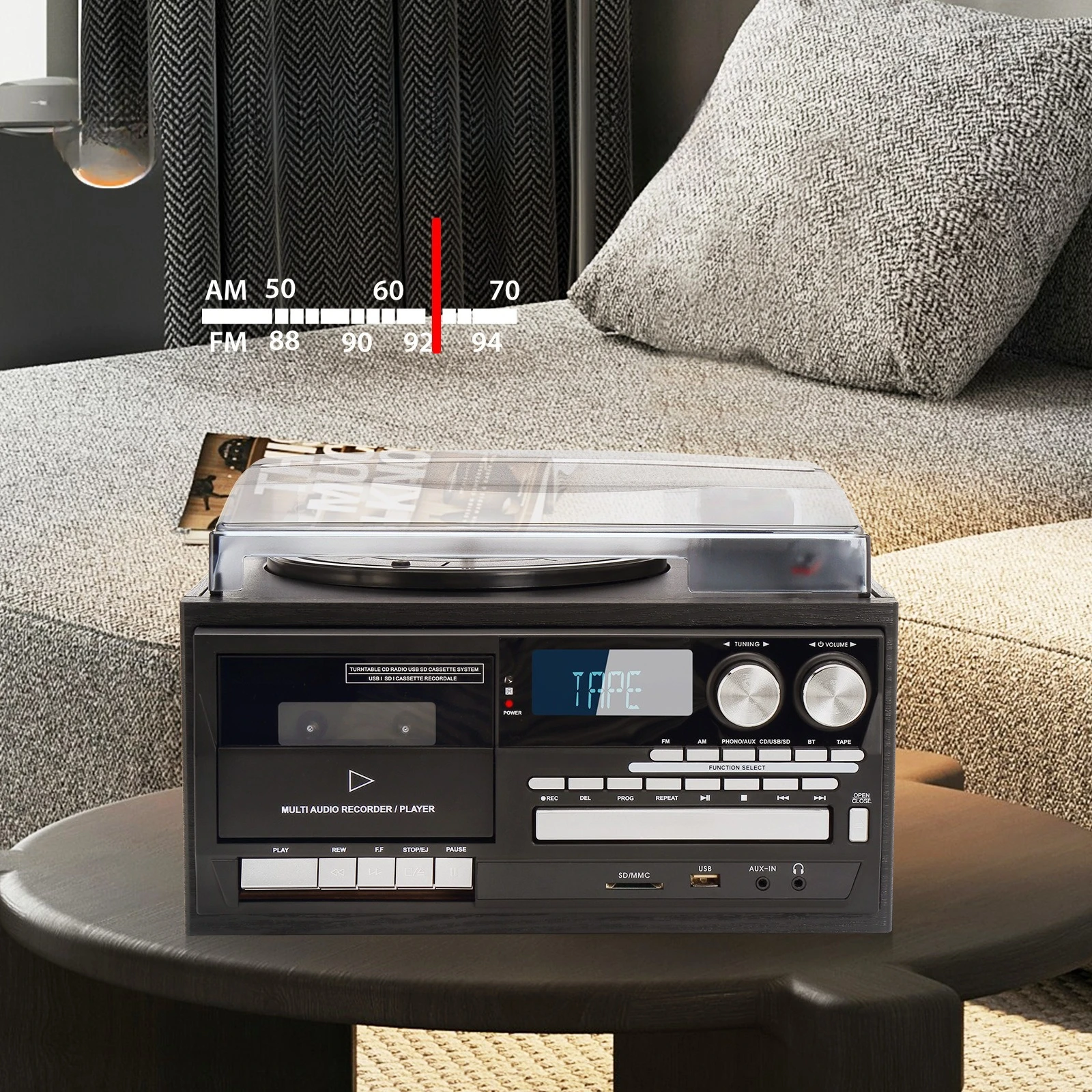 Classic Vintage All-in-One Vinyl Turntable Multifunctional Record Player with CD Cassette HIFI Sound