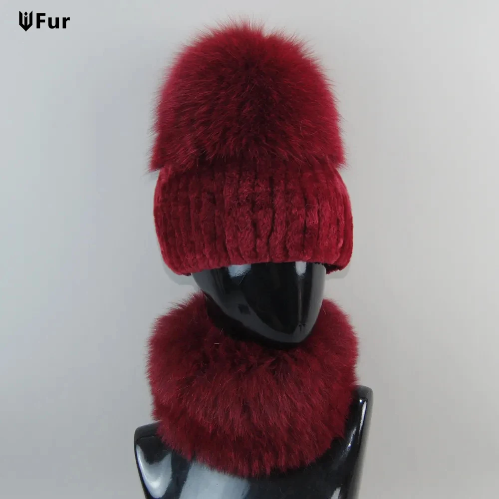

2025 New Winter Women Luxury Real Fox Fur Hat Scarf Sets Lady Natural Rex Rabbit Fur Hats Knitted Fox Fur Cap Scarves 2 Pieces