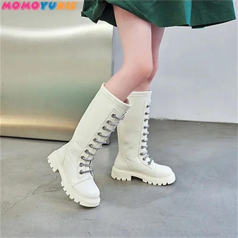 Children Girls Purity Lace Up Long Boots 2023 Autumn Winter Korean Edition New Versatile High Microfiber Princess Cotton Boots