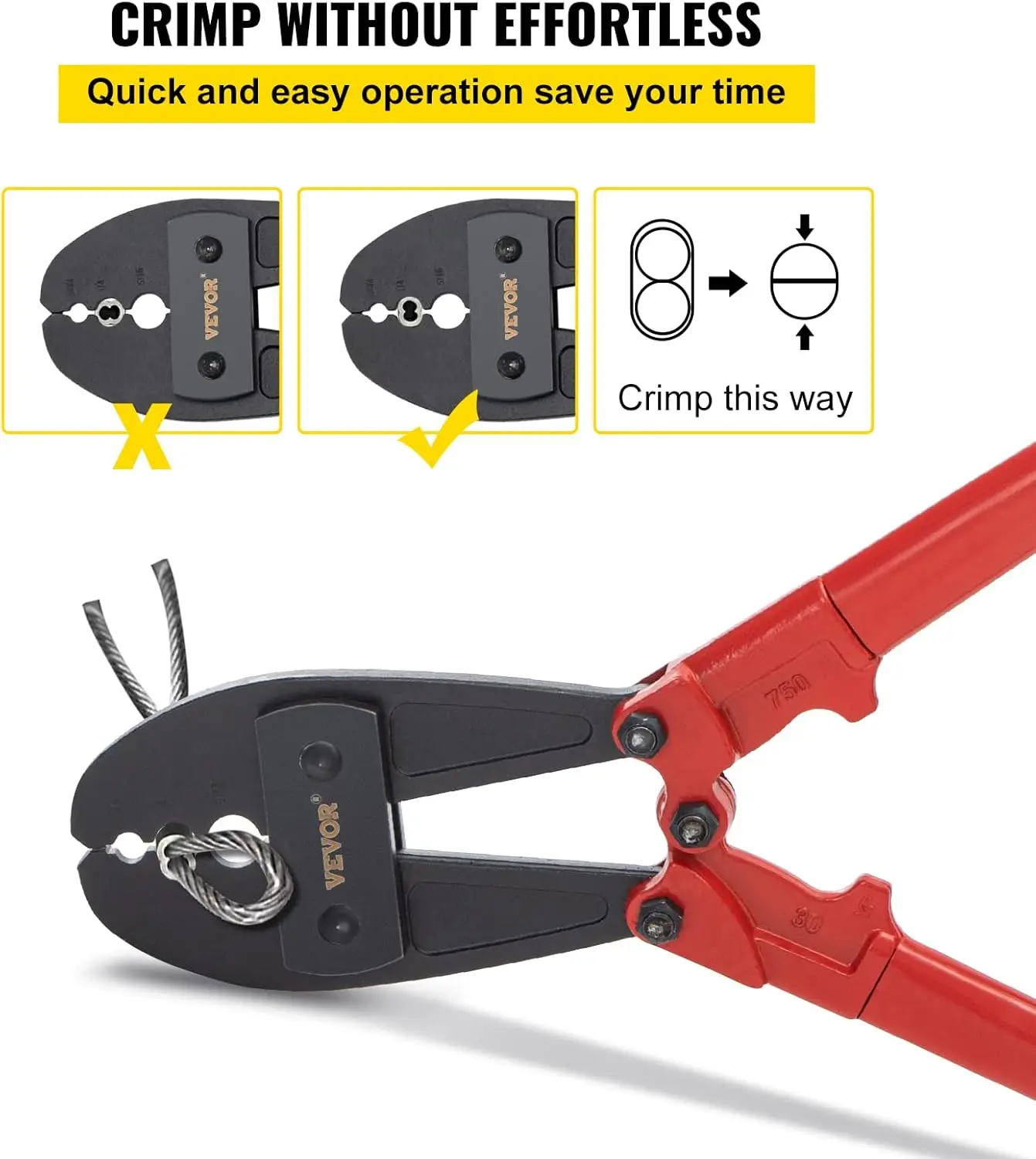 Strumento di pressatura manuale da 30 pollici per fune metallica 5/32, 1/4, 5/16 e manicotti ovali in alluminio rame