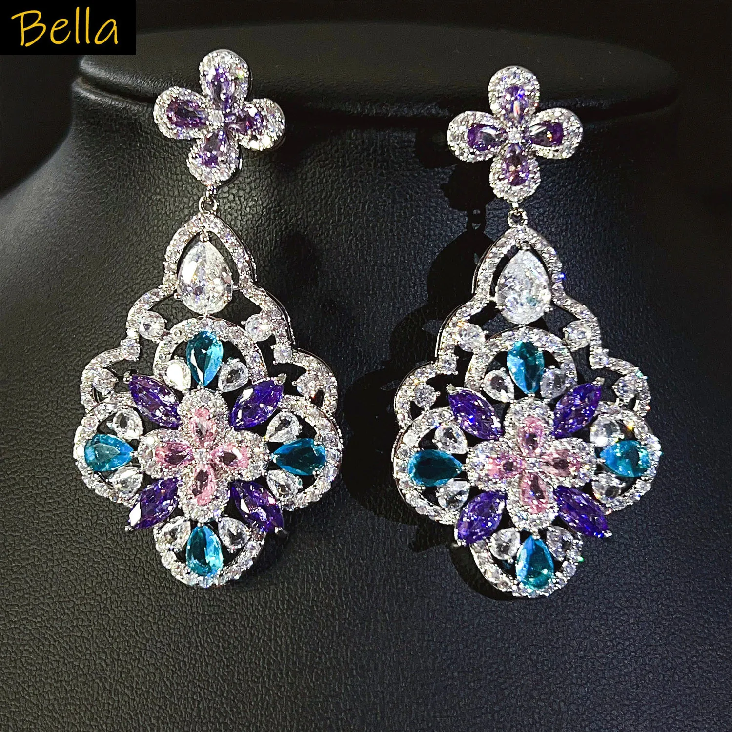 

Exquisite Flower Earrings for Women Sparkly Zirconia Blue Pink Jewelry Dinner Party Wedding Women Dangling Earrings Silver Color