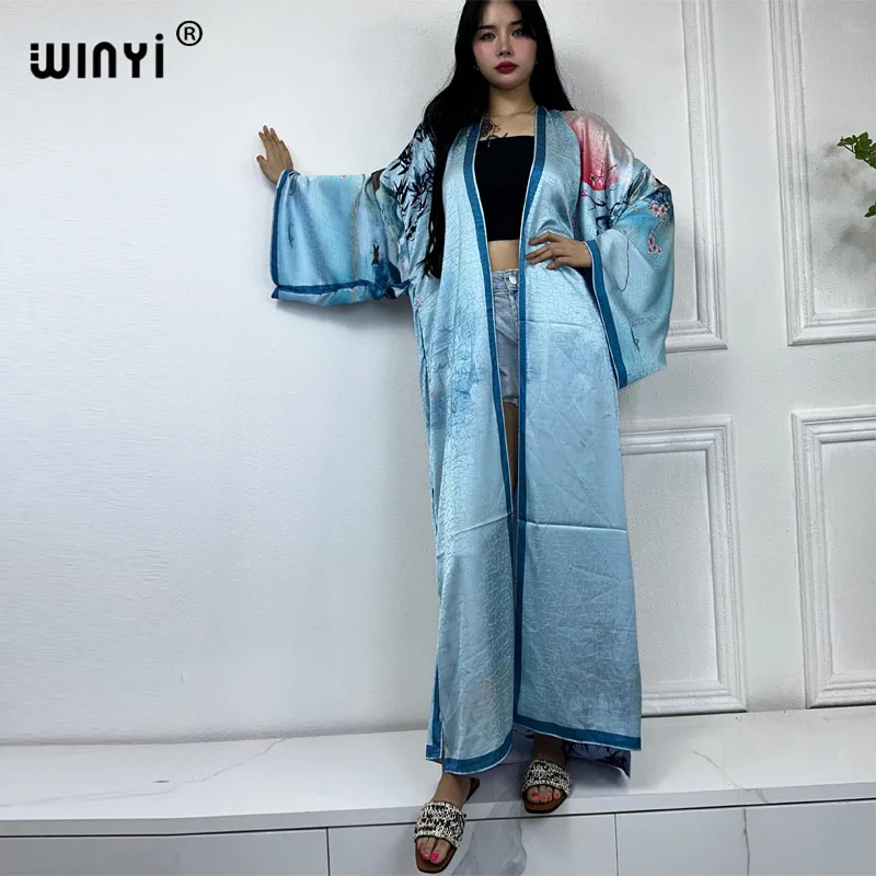 NEW WINYI Autumn High-quality Double-sided Printed Silk Dress Beach Wear Boho Cardigan Elegant Sexy Holiday Long Sleeve Kimono