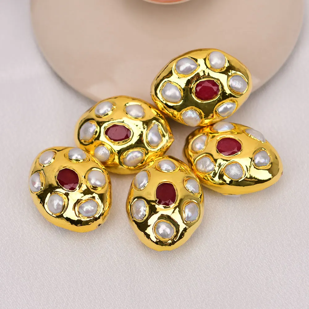 

APDGG Wholesale 5 Pcs Natural White Pearl Red Jade Paved Spacer Beads jewelry accessories