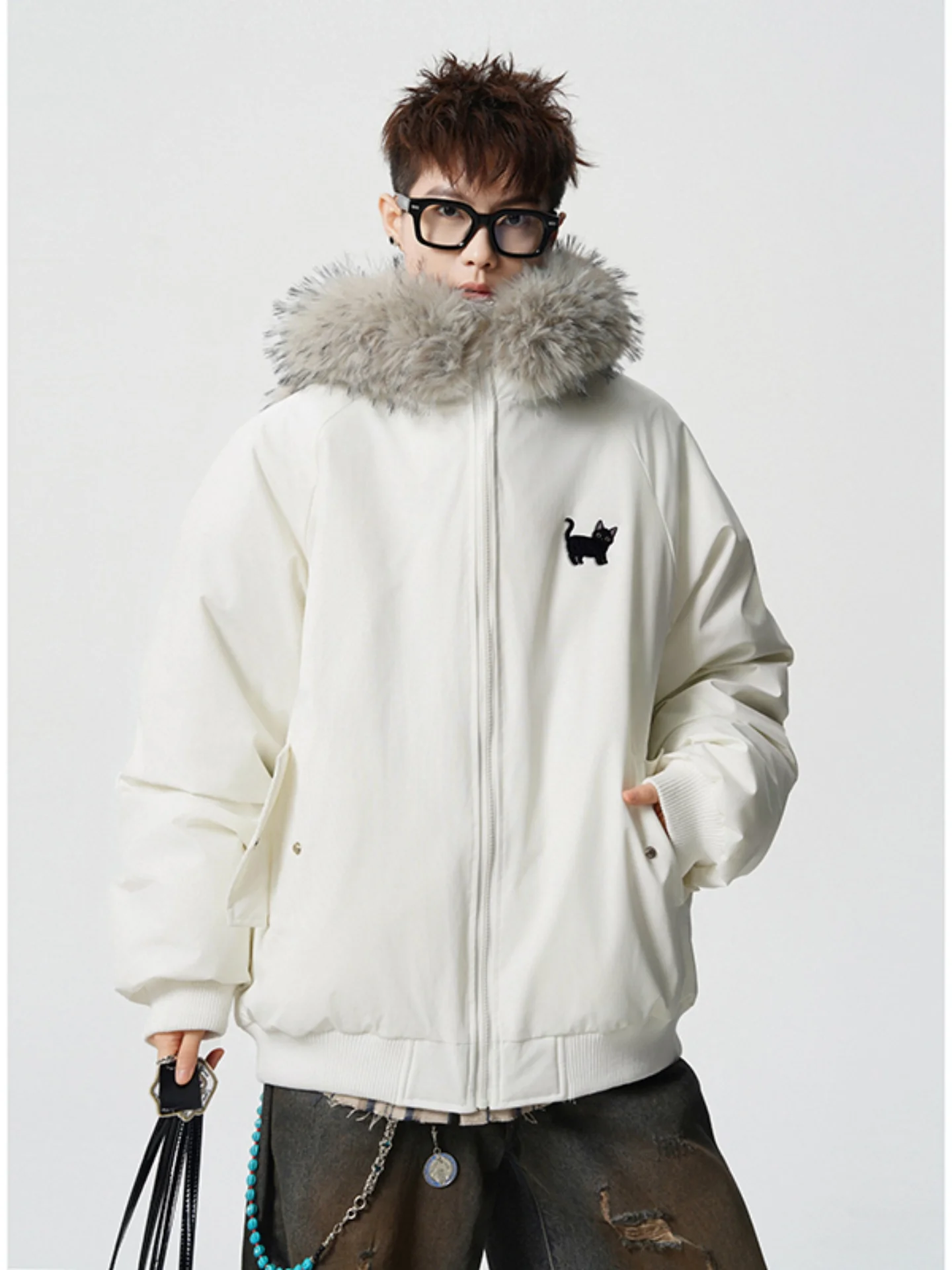 

Adorable Men's down Cotton Jaet with Ear Hood Winter Thi Warm Coat Youth Faion Casual Loose Fit Zipper Closure