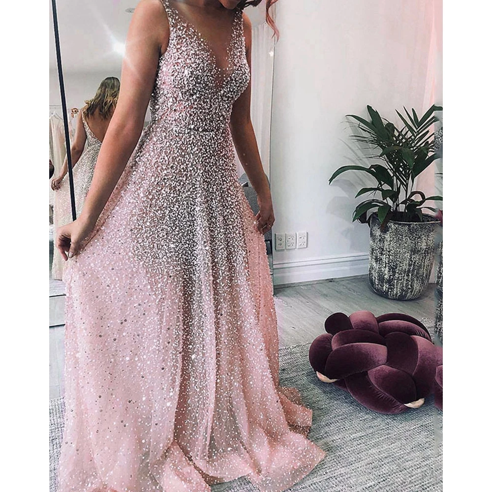 

Summer Women Sequins Bling Sleeveless Maxi Dress Long Robe Femme Plunge V-neck Night Evening Dress Elegant Gowns Luxury Vestidos