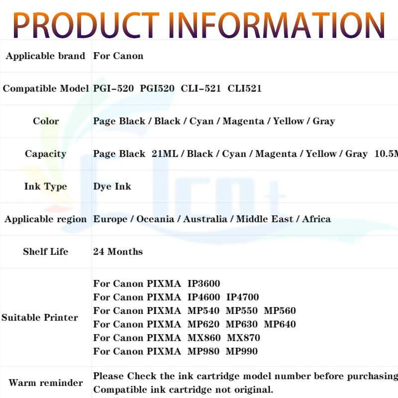 PGI520 CLI521 Ink Cartridge PGI-520 CLI-521 Compatible For Canon PIXMA IP3600 IP4600 MG540 MP620 MP630 MP640 MX990 Printer